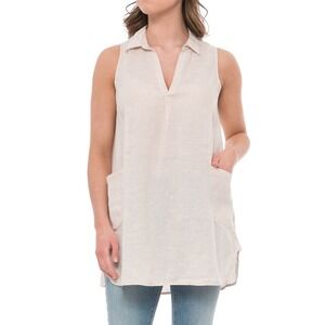 Sigrid‎ Olsen Linen Sleeveless Collared Tunic Shirt Dress Pockets Tan M